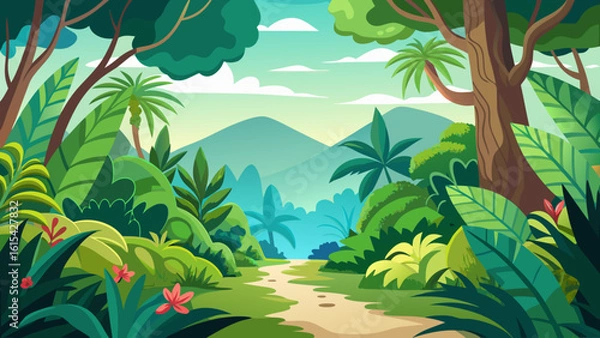 Fototapeta Vector art of a vibrant jungle path winds through lush tropical foliage towards distant mountains under a bright sky