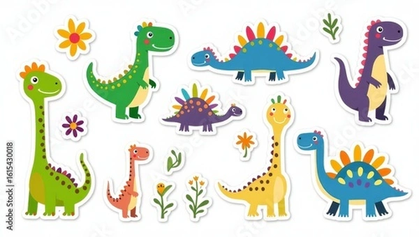 Fototapeta Colorful dinosaur stickers with flowers and plants.