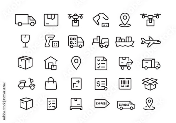 Obraz Essential Delivery Logistics Icons – Transport, Drone, Dispatch, Freight, Tracking