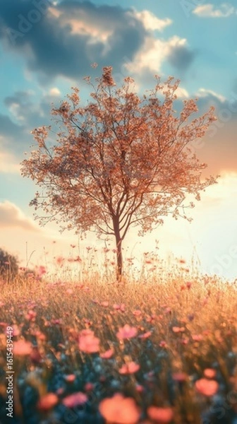 Fototapeta Tree in Field of Flowers with Cloudy Sunset Sky Background