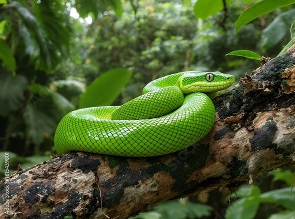 Fototapeta Vibrant Green Tree Viper Coiled on a Branch in Lush Tropical Forest