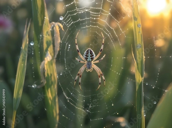 Fototapeta Spider in Web with Dewdrops at Sunrise