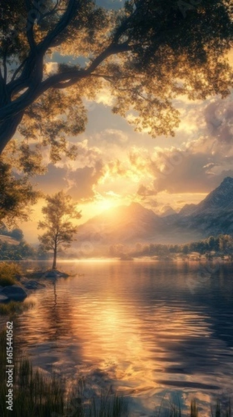 Fototapeta Lake at Sunset with Tree and Mountain Scenery
