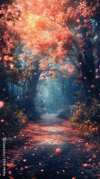 Fototapeta Walking Path Through Forest with Falling Leaves and Sunlight