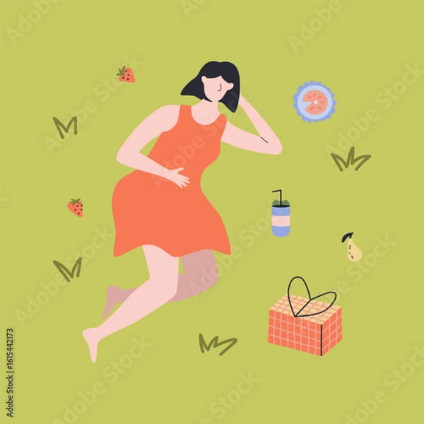 Fototapeta Girl on picnic with basket and pie. Woman spending time at summer park. Illustration of relaxing alone with a drink in a quiet place. Cartoon vector illustration.