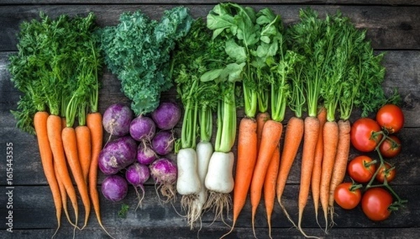 Obraz A variety of fresh vegetables arranged on an old wooden table, including carrots, tomatoes, green beans, and bell peppers.