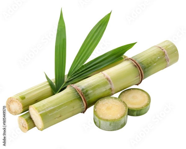 Fototapeta Fresh sugarcane stalks and leaves isolated on white background for natural and organic products