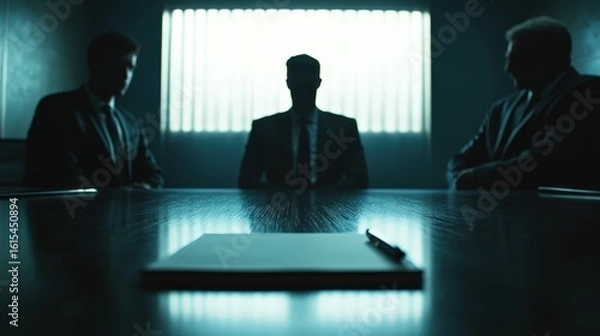 Obraz A moody, cinematic scene inside a minimalist interrogation or meeting room. Three men in dark suits are silhouetted at a table, creating a tense, mysterious, and high-stakes atmosphere