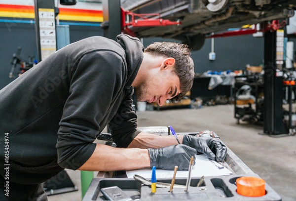 Obraz Young male mechanic filling out technical form during vehicle maintenance