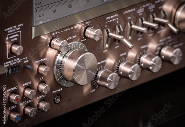 Obraz Vintage Audio Stereo Gear Setup Copper Front Panel with Multiple Controls Including Display, Knobs, Buttons, Keys, Switches