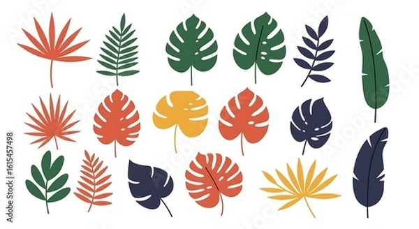 Fototapeta A collection of various stylized tropical leaves in different colors on a white background art