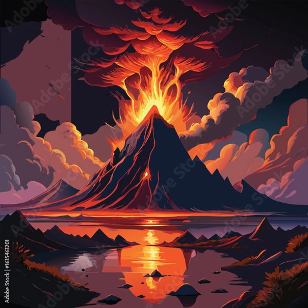 Fototapeta Explosive volcanic eruption with glowing lava flow