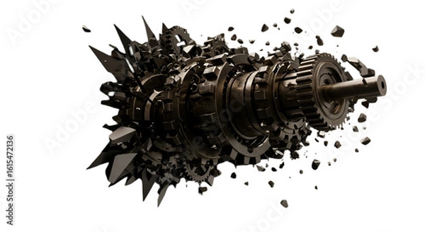Obraz 3D Render of Exploding Gear Assembly Isolated on Black Background