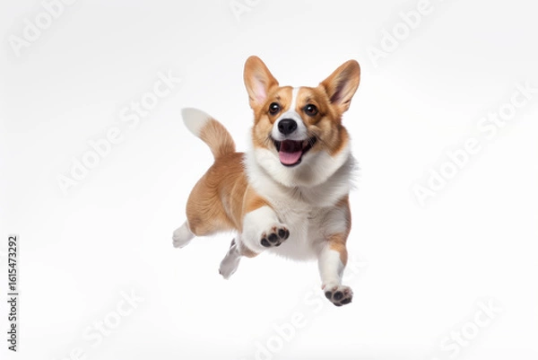 Obraz Joyful Welsh Corgi leaps energetically in studio setting against white background, showcasing its playful nature and dynamic movement