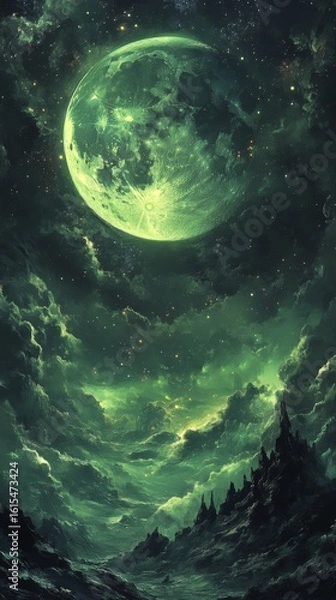 Obraz Glowing Moon Above Fantasy Landscape with Dramatic Sky