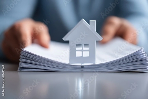 Fototapeta Real estate selling guide concept. Paperwork with a house model symbolizes real estate and home ownership concepts.