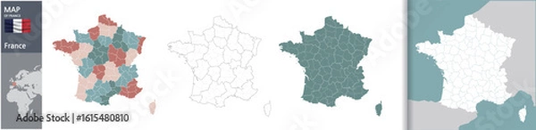 Obraz France's Topography and Administrative Districts Map, High-Resolution Illustration
