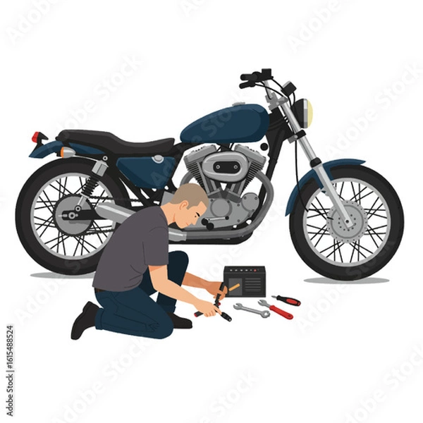 Fototapeta Man Working on Motorcycle Engine with Tools