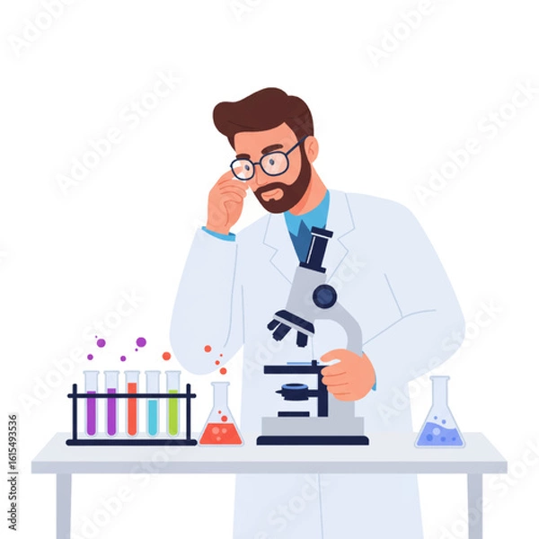 Fototapeta Scientist Examining Microscope with Colorful Test Tubes
