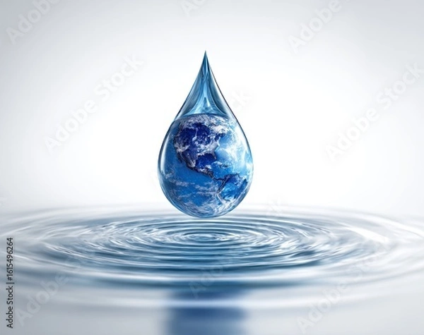 Obraz A water droplet, shaped like a teardrop, holds a miniature Earth.  It rests on a surface of rippling water