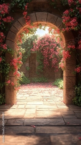 Obraz Stone Archway with Flowers Leading to a Lush Garden