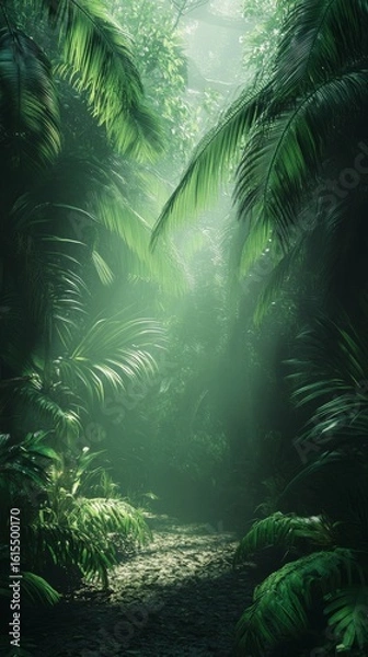 Obraz Walking Path Through Lush Jungle with Sunlight Filtering Through Canopy