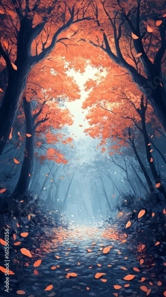 Obraz Walking Path Through Autumnal Forest with Falling Leaves