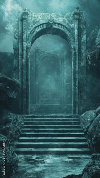 Obraz Ancient Stone Archway Leading Up Steps in Atmospheric Setting