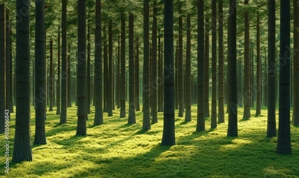 Fototapeta Tranquil forest scene sunlight filtering through tall trees on green grass