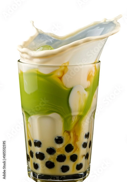 Fototapeta Abstract Photo Of Matcha Bubble Tea With Splashing Milk In A Glass