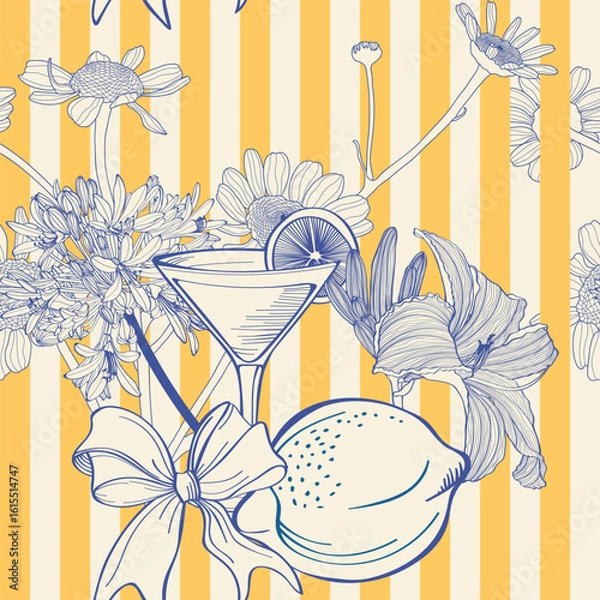 Fototapeta Seamless vector pattern with yellow lemons, flowers and striped blue bows on vertical stripes. Bright and playful Mediterranean design for fabric, branding, kitchen decor, gift wrap or summer. 