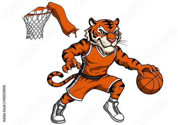 Obraz Cartoon Illustration Of An Orange Tiger Athlete Playing Basketball On Transparent Background