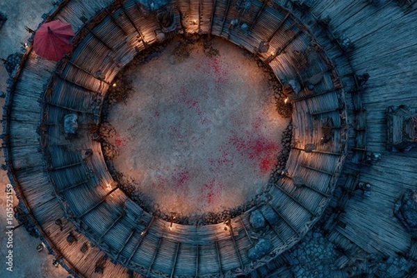 Fototapeta 	
Top-down view of a circular wooden battle arena with staircases, torches, and a bloodstained dirt floor, evoking a gritty fantasy combat setting or ancient gladiator pit	
