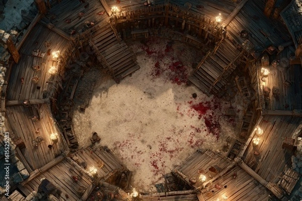 Fototapeta 	
Top-down view of a circular wooden battle arena with staircases, torches, and a bloodstained dirt floor, evoking a gritty fantasy combat setting or ancient gladiator pit	
