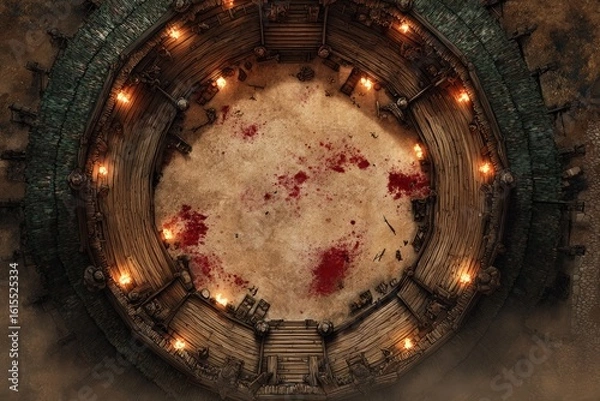 Fototapeta 	
Top-down view of a circular wooden battle arena with staircases, torches, and a bloodstained dirt floor, evoking a gritty fantasy combat setting or ancient gladiator pit	
