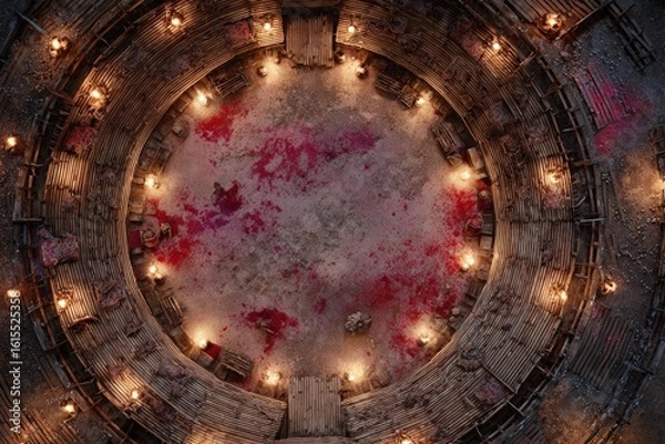 Fototapeta 	
Top-down view of a circular wooden battle arena with staircases, torches, and a bloodstained dirt floor, evoking a gritty fantasy combat setting or ancient gladiator pit	
