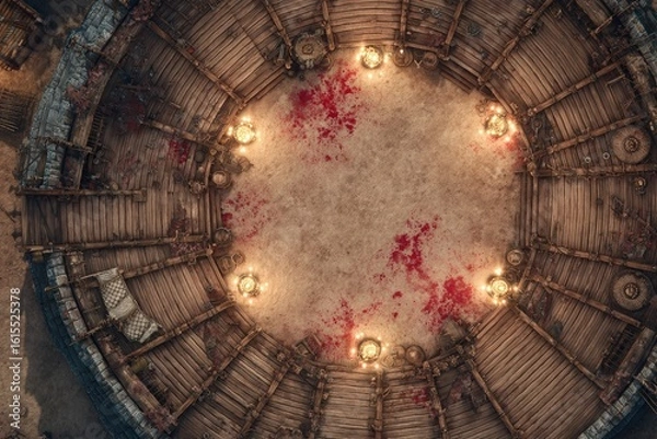Fototapeta 	
Top-down view of a circular wooden battle arena with staircases, torches, and a bloodstained dirt floor, evoking a gritty fantasy combat setting or ancient gladiator pit	
