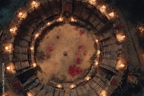 Fototapeta 	
Top-down view of a circular wooden battle arena with staircases, torches, and a bloodstained dirt floor, evoking a gritty fantasy combat setting or ancient gladiator pit	
