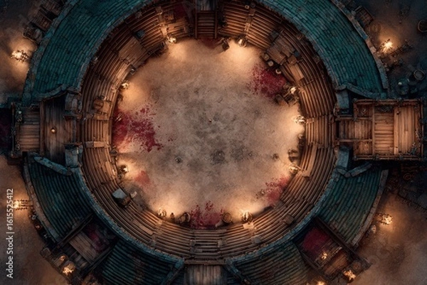 Fototapeta 	
Top-down view of a circular wooden battle arena with staircases, torches, and a bloodstained dirt floor, evoking a gritty fantasy combat setting or ancient gladiator pit	
