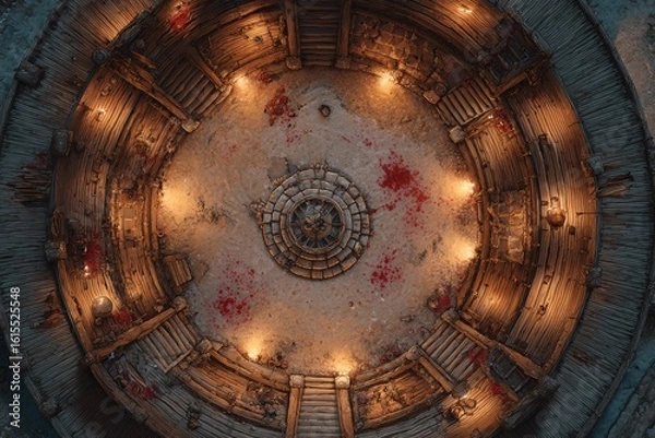 Fototapeta 	
Top-down view of a circular wooden battle arena with staircases, torches, and a bloodstained dirt floor, evoking a gritty fantasy combat setting or ancient gladiator pit	
