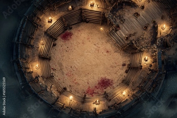 Fototapeta 	
Top-down view of a circular wooden battle arena with staircases, torches, and a bloodstained dirt floor, evoking a gritty fantasy combat setting or ancient gladiator pit	
