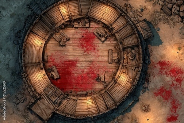 Fototapeta 	
Top-down view of a circular wooden battle arena with staircases, torches, and a bloodstained dirt floor, evoking a gritty fantasy combat setting or ancient gladiator pit	

