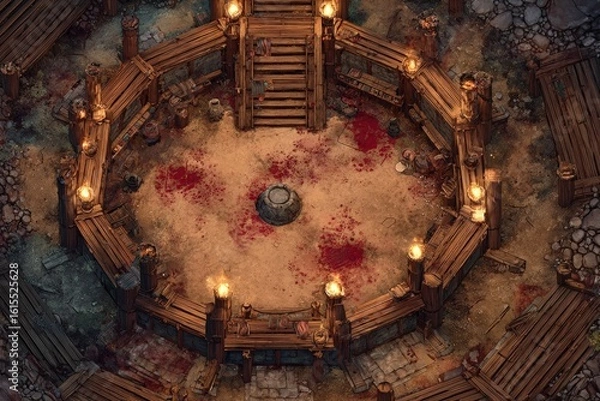 Fototapeta 	
Top-down view of a circular wooden battle arena with staircases, torches, and a bloodstained dirt floor, evoking a gritty fantasy combat setting or ancient gladiator pit	
