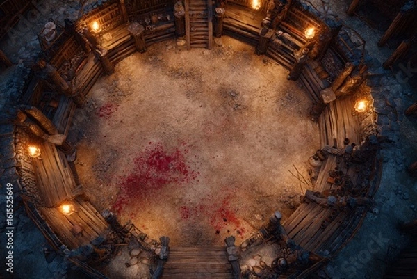 Fototapeta 	
Top-down view of a circular wooden battle arena with staircases, torches, and a bloodstained dirt floor, evoking a gritty fantasy combat setting or ancient gladiator pit	
