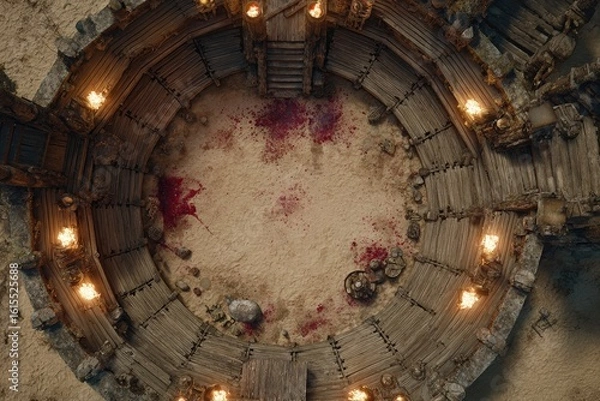 Fototapeta 	
Top-down view of a circular wooden battle arena with staircases, torches, and a bloodstained dirt floor, evoking a gritty fantasy combat setting or ancient gladiator pit	
