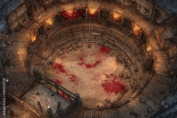 Fototapeta 	
Top-down view of a circular wooden battle arena with staircases, torches, and a bloodstained dirt floor, evoking a gritty fantasy combat setting or ancient gladiator pit	
