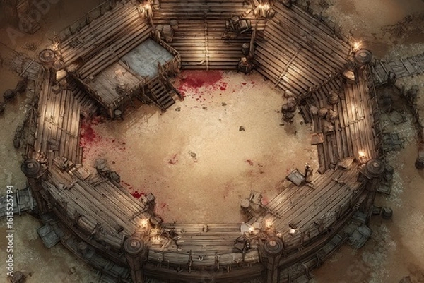 Fototapeta 	
Top-down view of a circular wooden battle arena with staircases, torches, and a bloodstained dirt floor, evoking a gritty fantasy combat setting or ancient gladiator pit	
