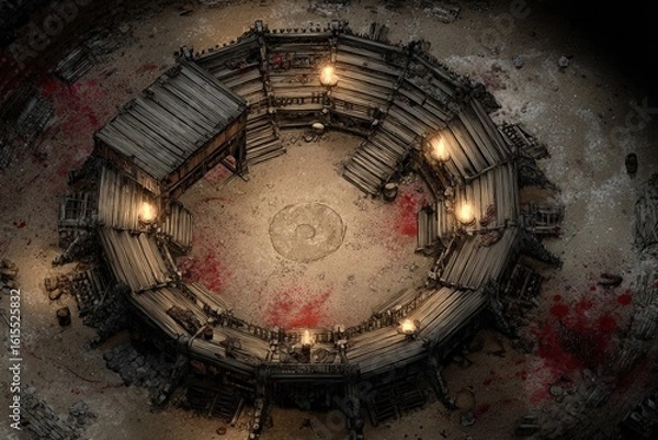 Fototapeta 	
Top-down view of a circular wooden battle arena with staircases, torches, and a bloodstained dirt floor, evoking a gritty fantasy combat setting or ancient gladiator pit	
