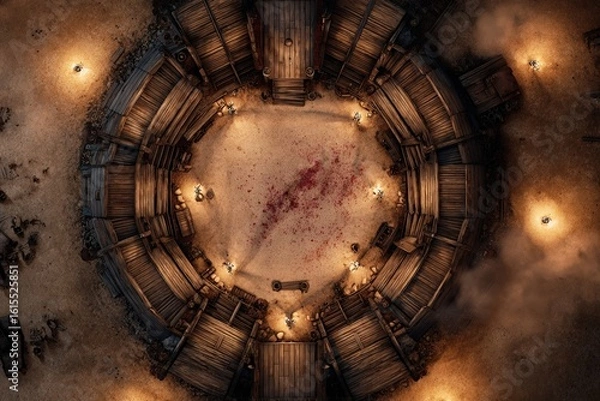 Fototapeta 	
Top-down view of a circular wooden battle arena with staircases, torches, and a bloodstained dirt floor, evoking a gritty fantasy combat setting or ancient gladiator pit	

