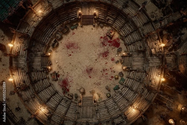 Fototapeta 	
Top-down view of a circular wooden battle arena with staircases, torches, and a bloodstained dirt floor, evoking a gritty fantasy combat setting or ancient gladiator pit	
